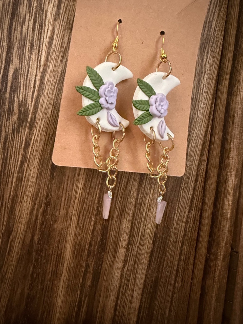 Handmade White Crescent Moon Earrings with Lavender Flowers and Gold Chains - Picture 3 of 4